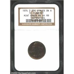 1974 25C Quarter--Struck on a Cent Planchet--MS64 Red and Brown NGC. Deep gray, rose, and emerald-gr