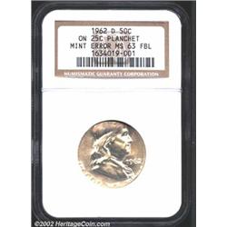 1962-D 50C Half Dollar--Struck on a Quarter Planchet--MS63 Full Bell Lines NGC. The impression is ba