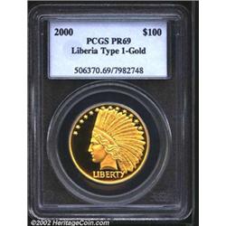 2000 $100 Liberia Type 1 MS69 PCGS. The obverse device is a knock-off of the U.S. Indian Head $10 po