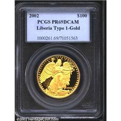 2002 $100 Liberia Type 1 MS69 PCGS. The obverse design is a low relief rendition of the Saint-Gauden