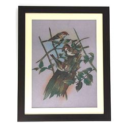 Indian Playful 3 Birds Gemstone Painting w/ Frame