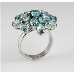 40.90CTW Flower Blue Zircon Cluster Silver Ring