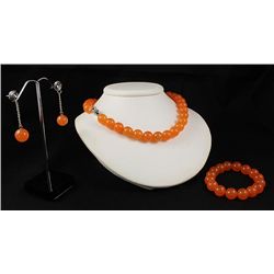 Handknotted Hot Orange Jade Necklace Set Jewelry