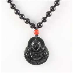 Jade Happy Buddha Necklace with Black Agate Beads