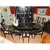 Image 4 : ORIENTAL TABLE - INLAID - BLACK AND GLASS TOP TO PROTECT TOP - AND 6 DINING CHAIRS TO MATCH