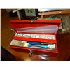 Image 1 : TOOL BOX OF ASSORTED WATER COLOR PAINTS & MISC BRUSHES ETC
