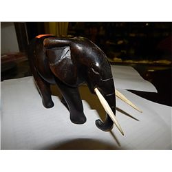 INTRICATE CARVED WOOD ELEHANT - DARK WOOD - IVORY TUSKS