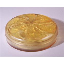 "Mesanges," a LALIQUE box, circa 1921, in opalescent amber glass. Molded R.LALIQUE. M p 232, no.5…