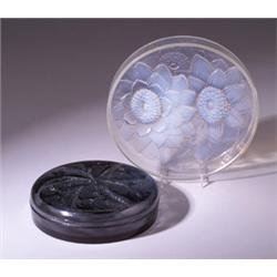 "Mesanges," a LALIQUE box,circa 1921, in topaz glass. Molded R. LALIQUE, engraved R. Lalique Fran…
