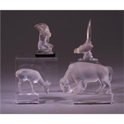Four modern LALIQUE figurines, 1990s, including "Daim," "Bison," "Floreal," in clear and frosted …