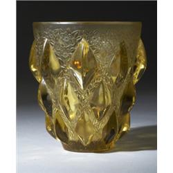 "Rampillon," a LALIQUE vase, circa 1927, in yellow glass. Stenciled R. LALIQUE FRANCE. M p.437, n…