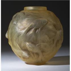 "Formose," a LALIQUE vase, circa 1924, in cased, opalescent yellow glass with sepia patina. Molde…
