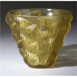 "Moissac," a LALIQUE vase, circa 1927, in yellow glass. Wheel-cut R LALIQUE FRANCE. M p. 437, no.…