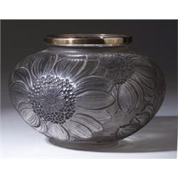 "Dahlias," a LALIQUE vase, circa 1925, in clear and frosted glass, with silver metal rim, gray pa…