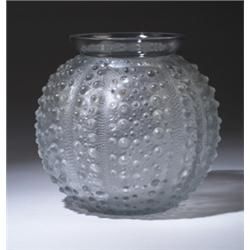 "Oursin," a LALIQUE vase, circa 1935, in clear and frosted glass with white patina. Stenciled R. …