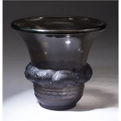 "Piriac," a LALIQUE vase, circa 1930, in deep topaz glass. Wheel-cut R. LALIQUE FRANCE. M p. 447,…