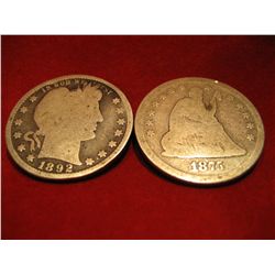 (1) 1875 (1) 1892 BARBER AND SETED LIBERTY QUARTERS 90% SILVER