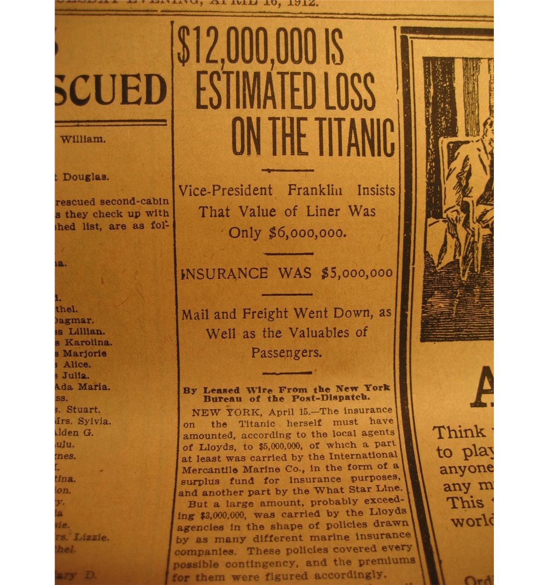 "TITANIC APRIL 16, 1912 ST. LOUIS POST DISPATCH, ORIGINAL NEWSPAPER