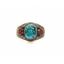 Sterling Silver .925 Turquoise w/ Red Coral Filigree Cuff