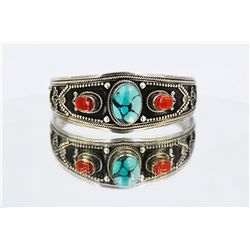 Sterling Silver .925 Turquoise w/ Red Coral Cuff Bangle