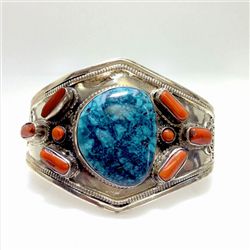 Sterling Silver .925 Turquoise w/ Red Coral Cuff Bangle