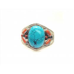 Sterling Silver .925 Turquoise w/ Red Coral Cuff Bangle