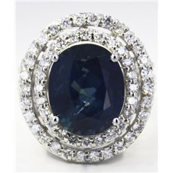 Nat. Blue Sapphire 12.00ct w/ Diamond Ring 18kt White Gold
