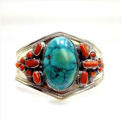 Sterling Silver .925 Turquoise w/ Red Coral Cuff Bangle