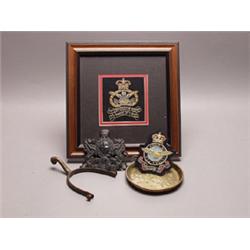 Miscellaneoous Lot Theree Badges, Brass Dish & Stirrup