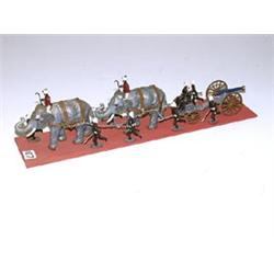 Painted Metal British Raj Figures, Elephants & Gun Carriage