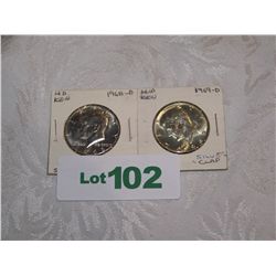 (2X$) 1968-D & 1969-D FRANKLIN SILVER CLAD HALF DOLLARS, (AU-BU CONDITION)