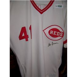 TOM HUME HAND SIGNED #41 CINCINATTI REDS BASEBALL JERSEY.  SIGNED ON FRONT & BACK