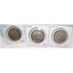 (3X$) U.S SILVER WALKING LIBERTY HALVES 1942,1943,1943-D (AU CONDITION)