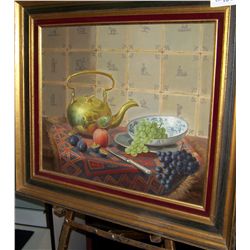 E. MOLEVOLD (?) HAND SIGNED VINTAGE OIL ON CANVAS, STILL LIFE WITH TEA POT & GRAPES