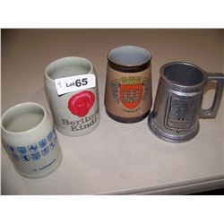 LOT OF (4) ASSORTED BEER STEINS, (3) GERMAN, (1) PEWTER