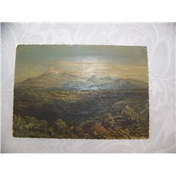 JOSE MARIA VELASCO, ORIGINAL ANTIQUE OIL ON POSTCARD. 4T X 6W  "BOLOGNA" LANDSCAPE W/ TRAIN