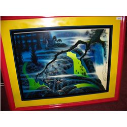 EYVIND EARLE " GREEN PASTURE" SERIGRAPH ON PAPER #147/400. FRAMED 46T X 55W RETAIL VALUE $6,000.