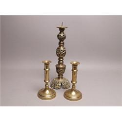 Pair Brass Candlesticks and a Tall Prickett