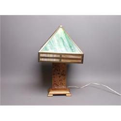 Vintage Table Lamp With Green Slag Glass Shade