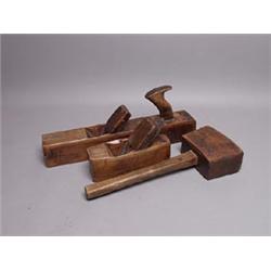 Two Antique J. Rolls Wood Panes and A Wood Mallet