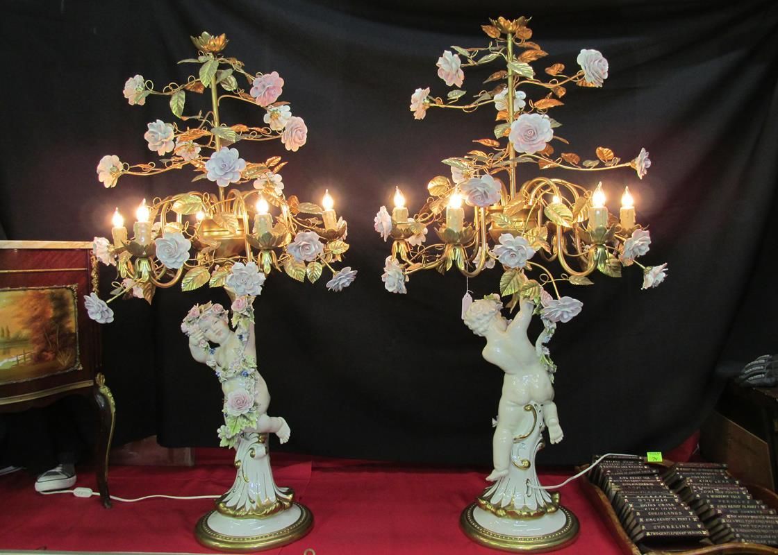 Capodimonte Italian Cherub Lamp pair, floral decorated