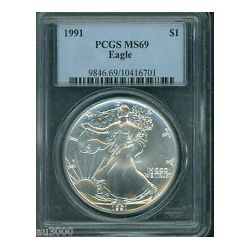 1991 1 oz Silver American Eagle MS-69 PCGS