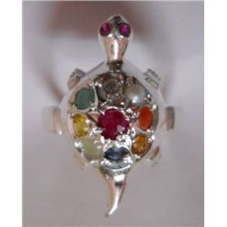 Tourtoise Shape Ring of weight 4.790g of 9 stones(Emerald,Ruby,Pearl,Sapphire,CZ,Citrine)