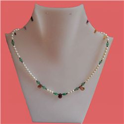 Emerald, Pearl,Tourmaline 61.35 CTW Necklace in Silver