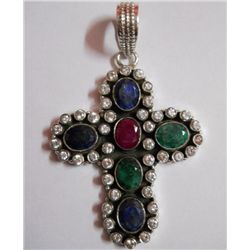 Emerald,Sapphire,Ruby and CZ 29.380g Pendant Sterling Silver