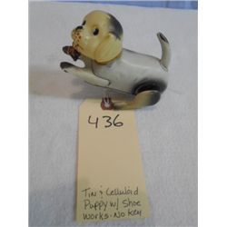 Tin &amp; Celluloid Puppy w/ Shoe (works, no key)