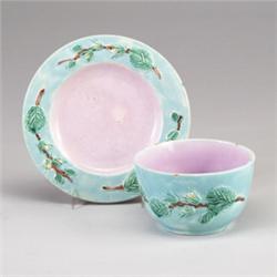 ENGLISH MAJOLICA preserve bowl and underplate, circa 1875, with blossoming branch pattern on pale…