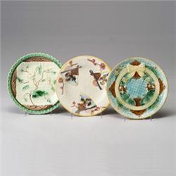 Three Victorian MAJOLICA side plates, circa 1875-1890, comprising two English examples, each with…