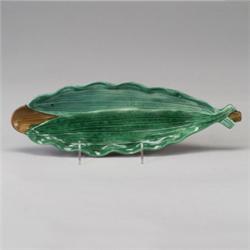 JOSEPH HOLDCROFT MAJOLICA banana leaf dish, circa 1875. Impressed J. HOLDCROFT. 13 1/2" length…