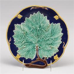 JOSEPH HOLDCROFT MAJOLICA side plate, circa 1875, with grape leaf design on a cobalt blue ground.…